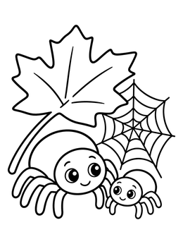 A friendly spider coloring page with two happy spiders, a maple leaf, and a small web.