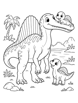 A friendly mother dinosaur and her young in this spinosaurus coloring page.