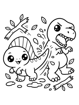A cute cartoon spinosaurus coloring page featuring a tail slap against a T-Rex with splashing mud.