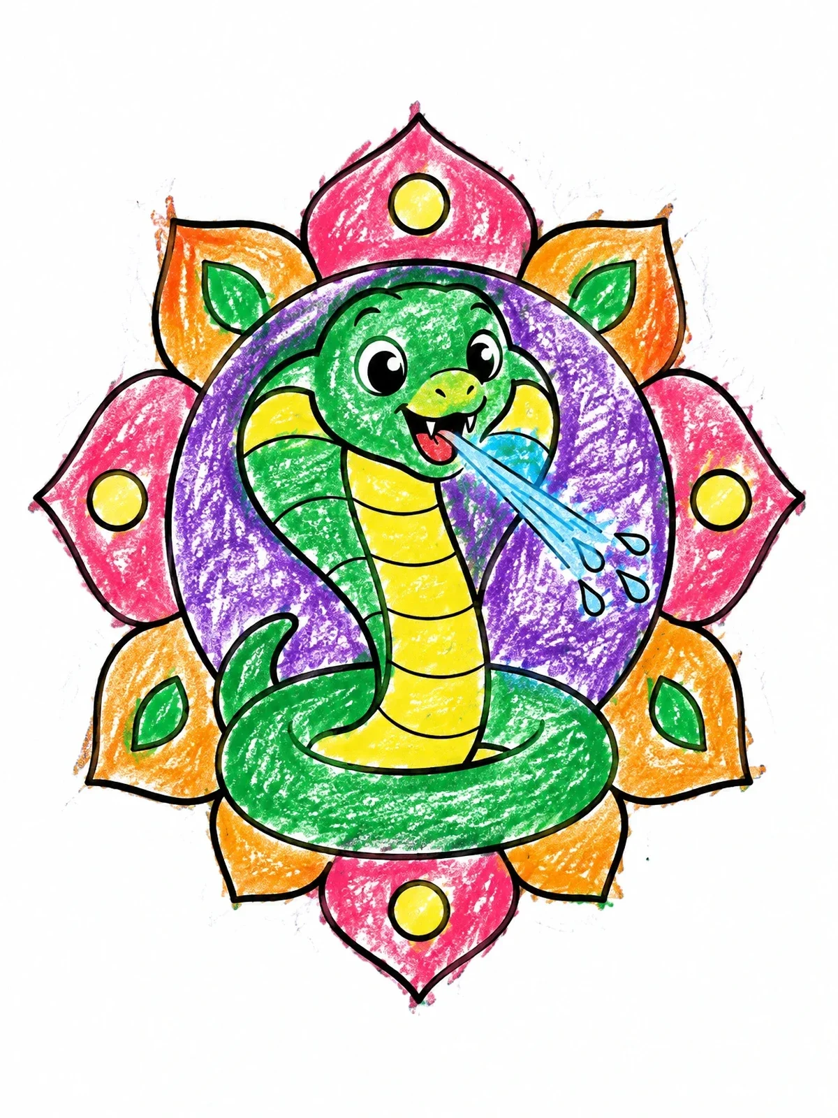 Colored example of the Cute Spitting Cobra In Floral Frame coloring page