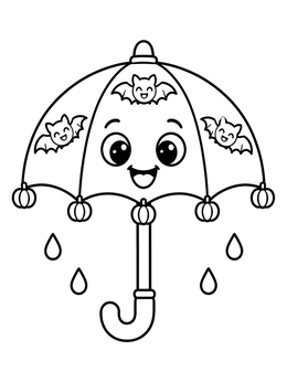 A cheerful umbrella coloring page with smiling cartoon bats and pumpkin tips.