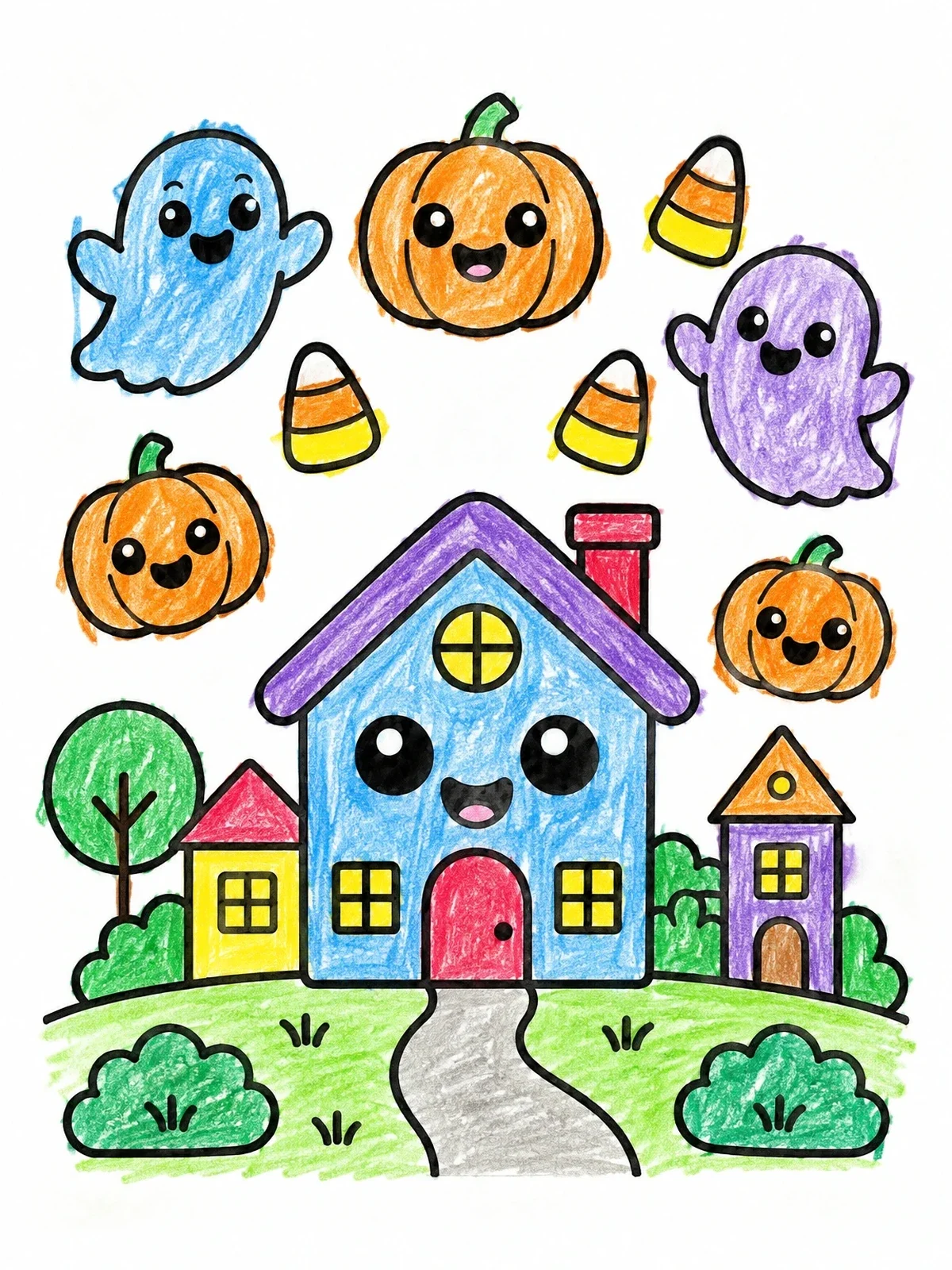 Colored example of the Cute Spooky Village Doodles coloring page