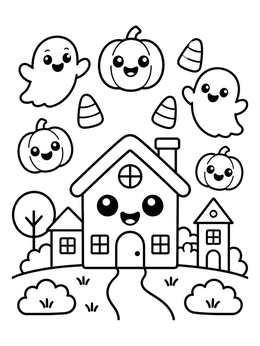 A cheerful doodle coloring page with friendly ghosts, pumpkins, and smiling houses.