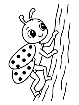A cheerful cartoon bug climbing a tree trunk in this fun bug coloring page.
