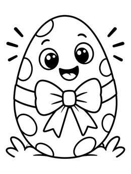 A happy dinosaur egg coloring page wrapped with a festive bow.