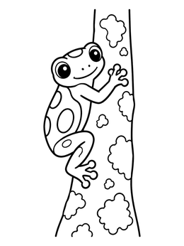A cute spotted frog climbing a tree trunk on this easy frog coloring page.