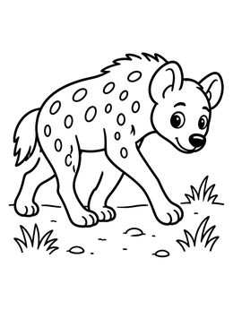 A friendly young creature in this hyena coloring page wanders through grass.