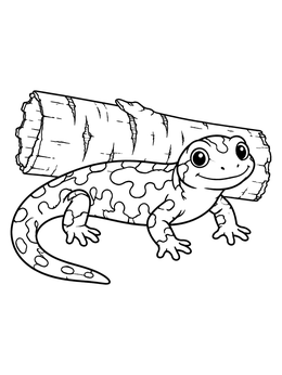 A cheerful spotted salamander coloring page crawling beside a birch log.