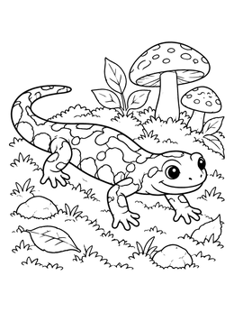 A cute spotted salamander coloring page crawling near woodland mushrooms and leaves.