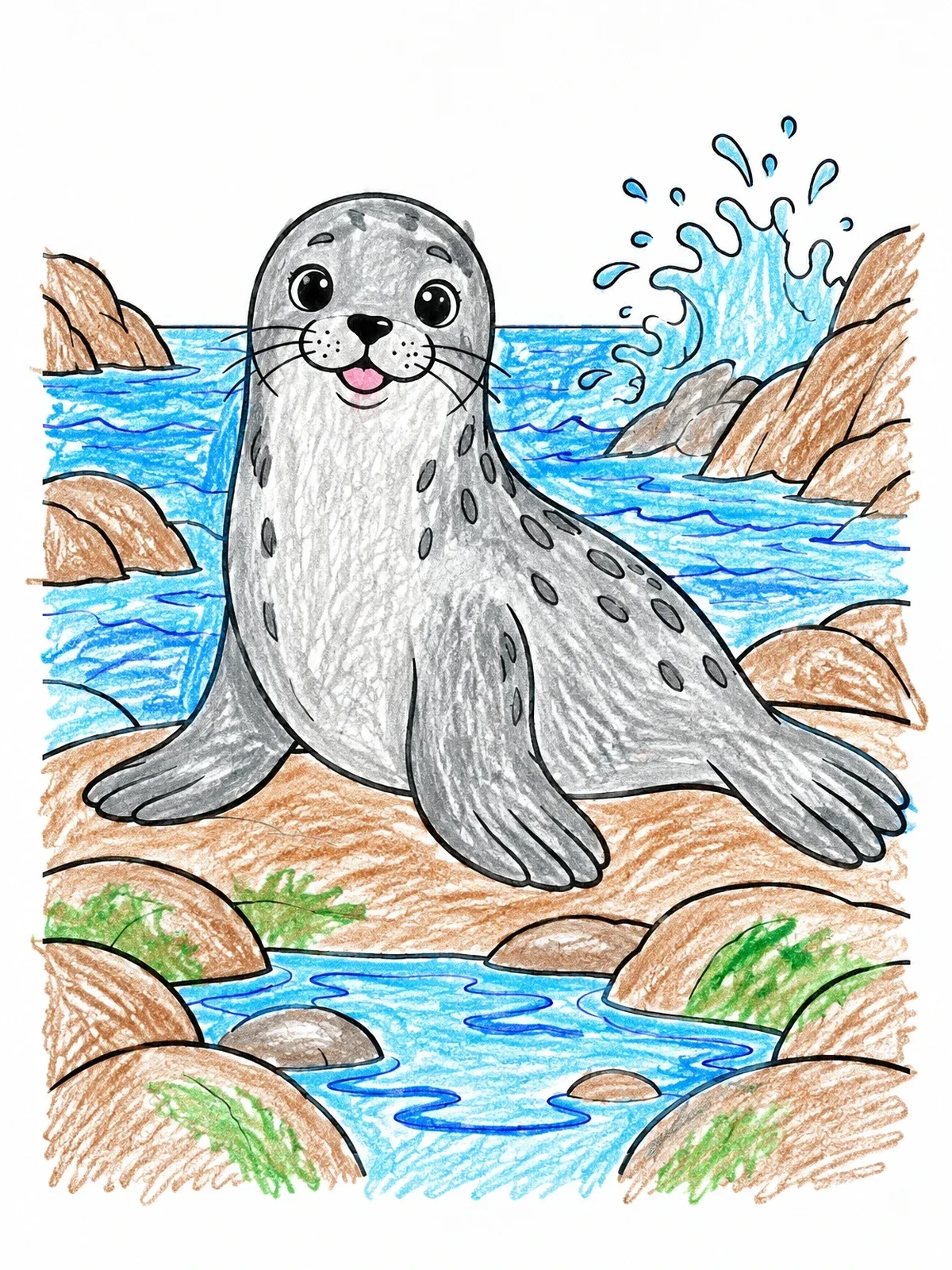 Colored example of the Cute Spotted Seal By The Ocean coloring page
