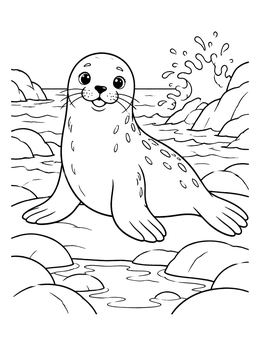 A cheerful seal rests on coastal rocks in this seal coloring page.