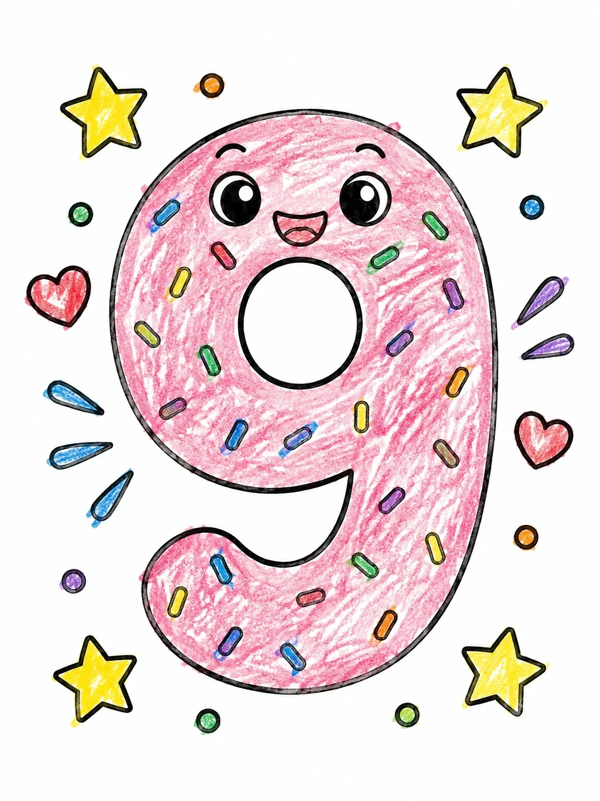 Colored example of the Cute Sprinkle Number Nine coloring page