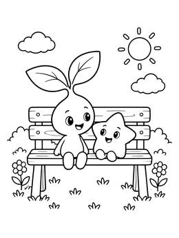 Free printable Cute Sprout And Star On Garden Bench coloring page