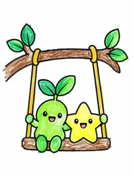 Cute Sprout And Star On A Swing Coloring Page