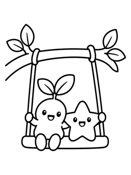 A happy sprout coloring page featuring a smiling seedling and star swinging together.