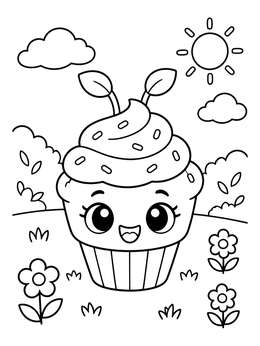 A cheerful cupcake coloring page with leaf antennae in a sunny garden.