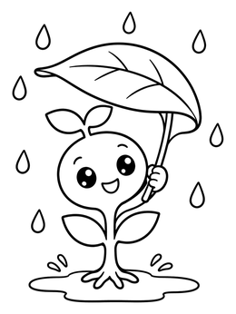 A cheerful sprout coloring page featuring a small plant holding a leaf umbrella in raindrops.