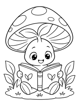 A happy little sprout coloring page showing a cute creature reading a book under a mushroom.