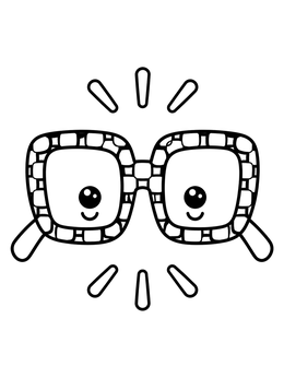 Cheerful square sunglasses coloring page with cute faces and patterned frames.