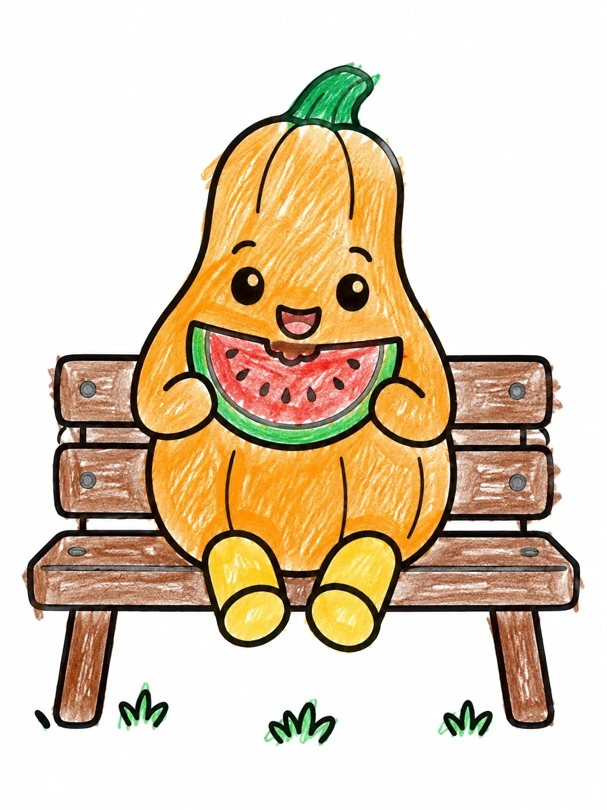 Colored example of the Happy Squash Eating Watermelon coloring page