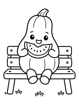 Free printable Happy Squash Eating Watermelon coloring page