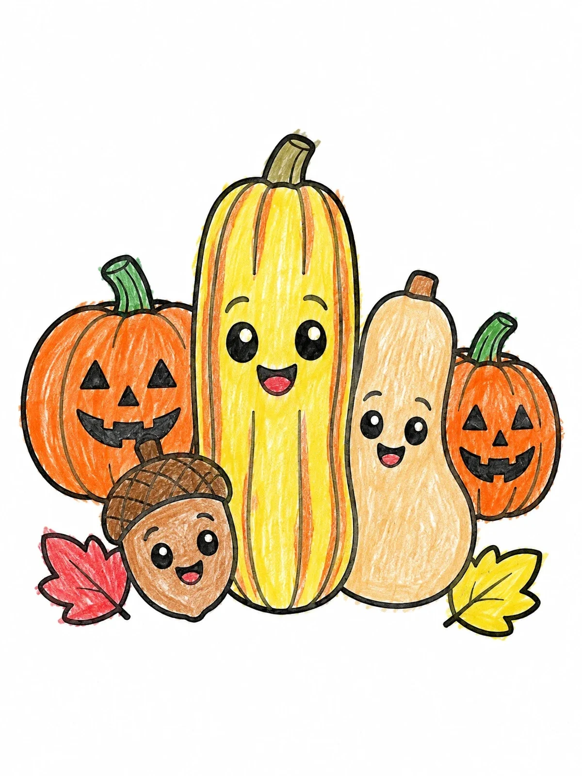 Colored example of the Cute Squashes And Carved Pumpkins coloring page