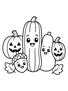 Free printable Cute Squashes And Carved Pumpkins coloring page