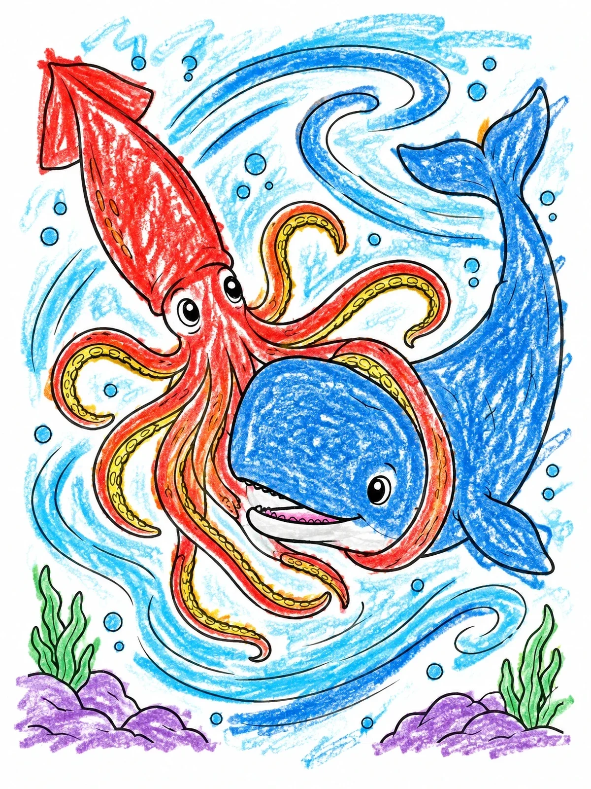 Colored example of the Friendly Squid And Whale Encounter coloring page