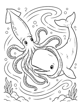 Free printable Friendly Squid And Whale Encounter coloring page