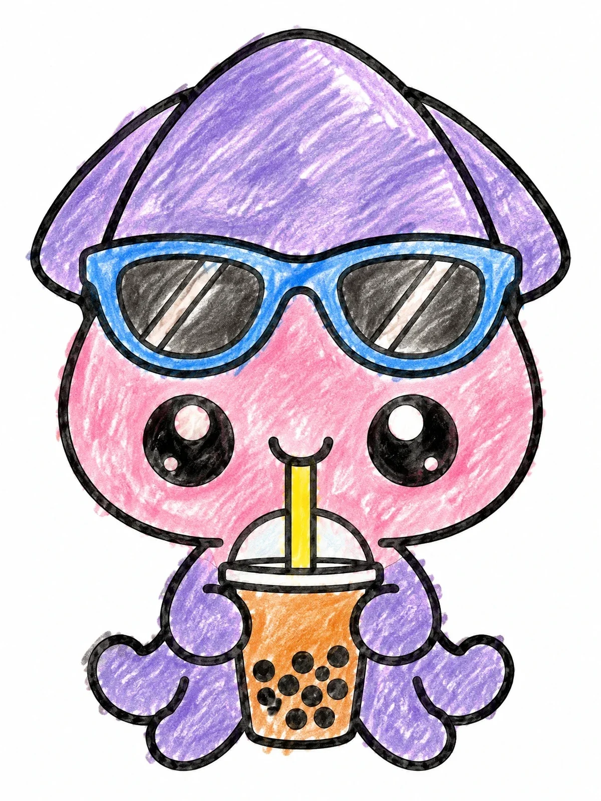 Colored example of the Cute Squid Drinking Boba Tea coloring page