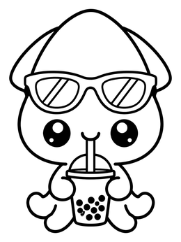 A cute squid coloring page showing a cartoon sea creature drinking boba tea with sunglasses.