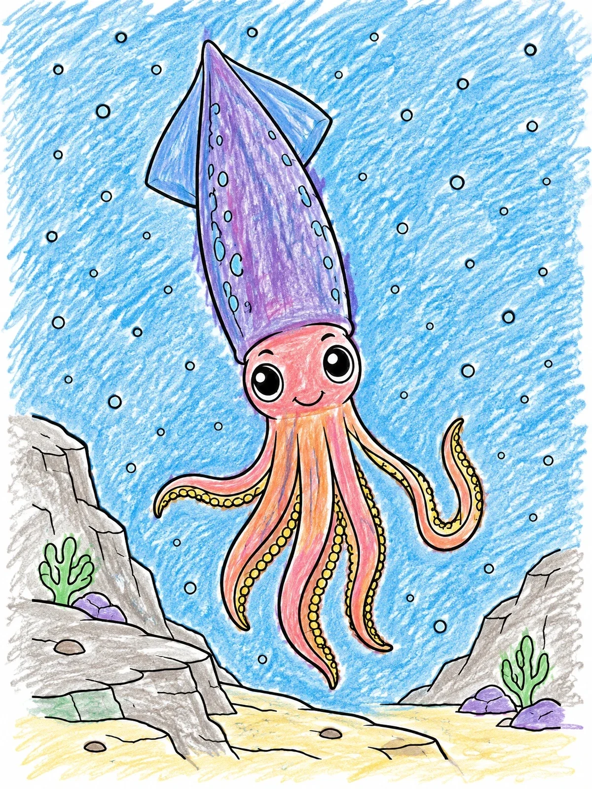 Colored example of the Cute Squid Floating Deep Underwater coloring page