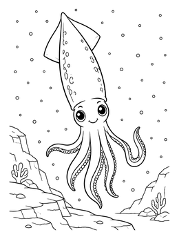 Free printable Cute Squid Floating Deep Underwater coloring page