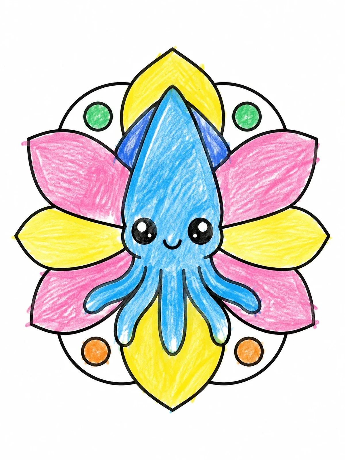 Colored example of the Cute Squid On Flower Mandala coloring page