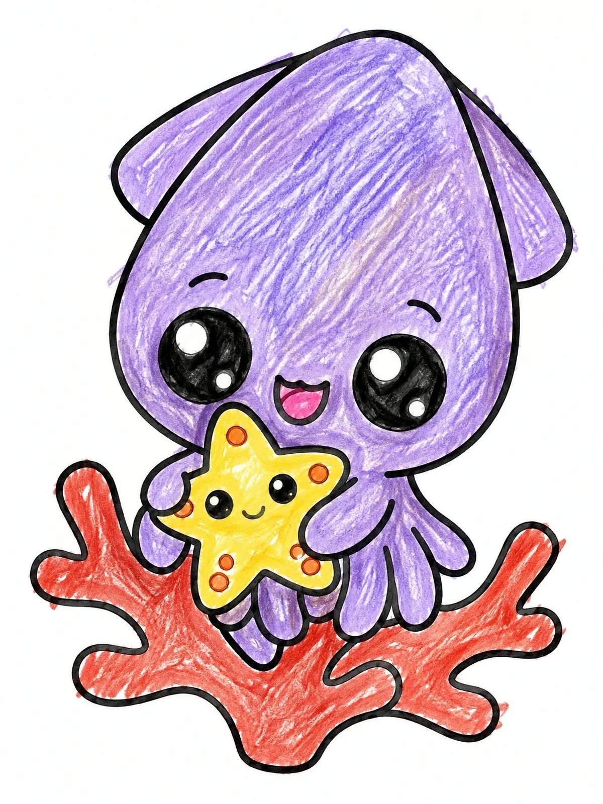 Colored example of the Cute Squid Hugging Little Starfish coloring page