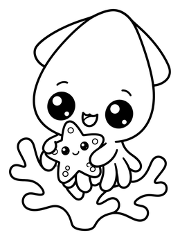 Free printable Cute Squid Hugging Little Starfish coloring page