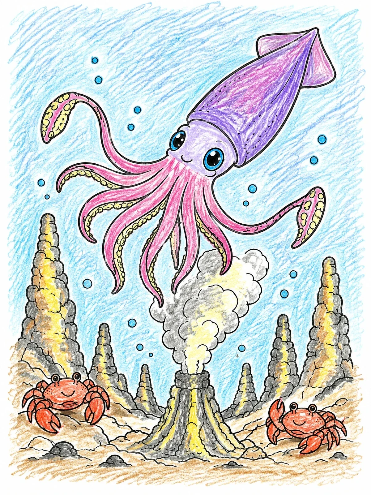 Colored example of the Cute Squid Over Hydrothermal Vent coloring page