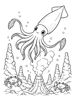 A cheerful squid coloring page swimming above a smoking deep-sea vent and tiny crabs.
