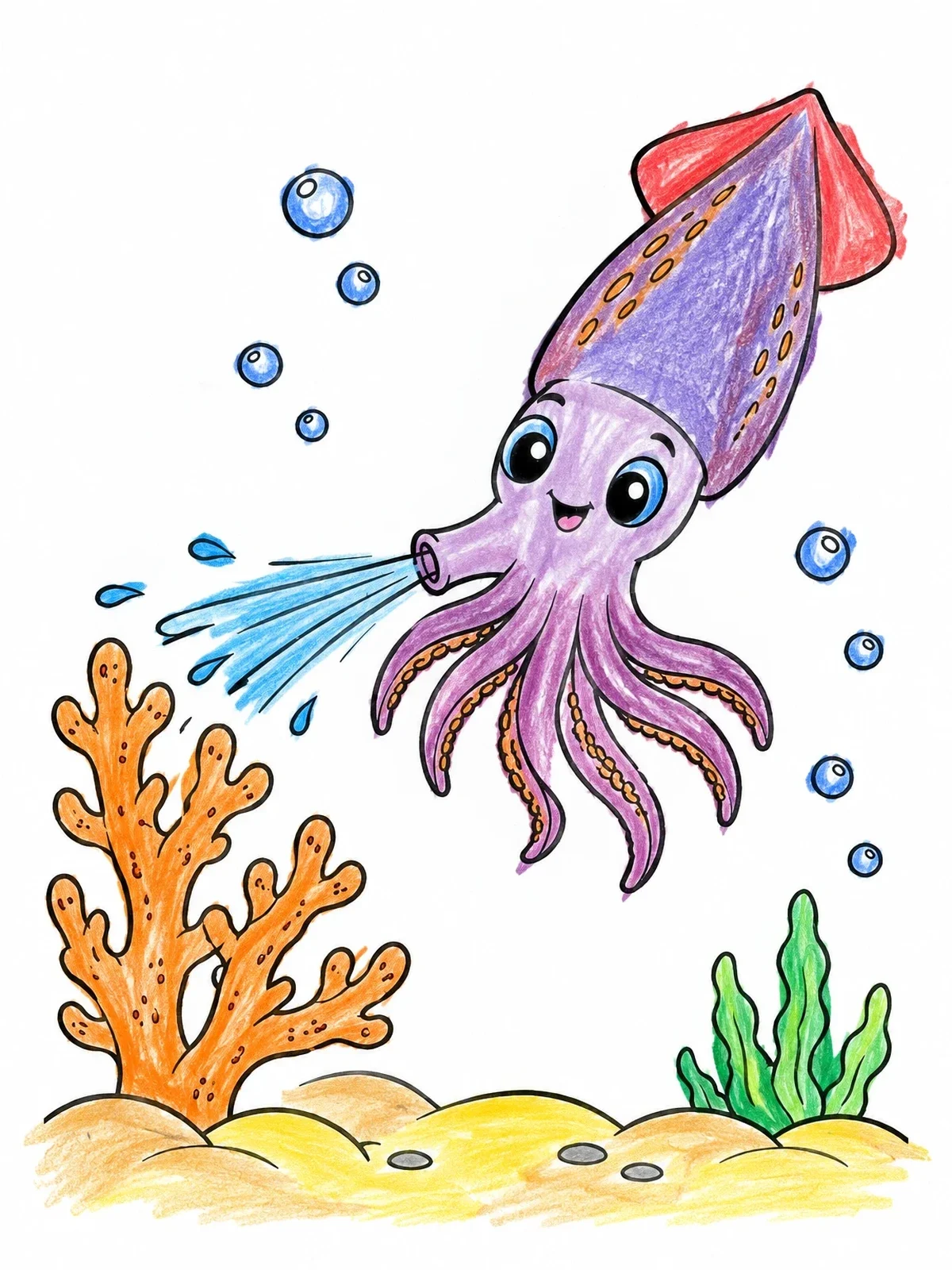 Colored example of the Cute Squid Swimming Over Coral coloring page