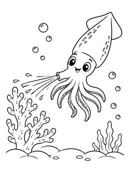 Free printable Cute Squid Swimming Over Coral coloring page