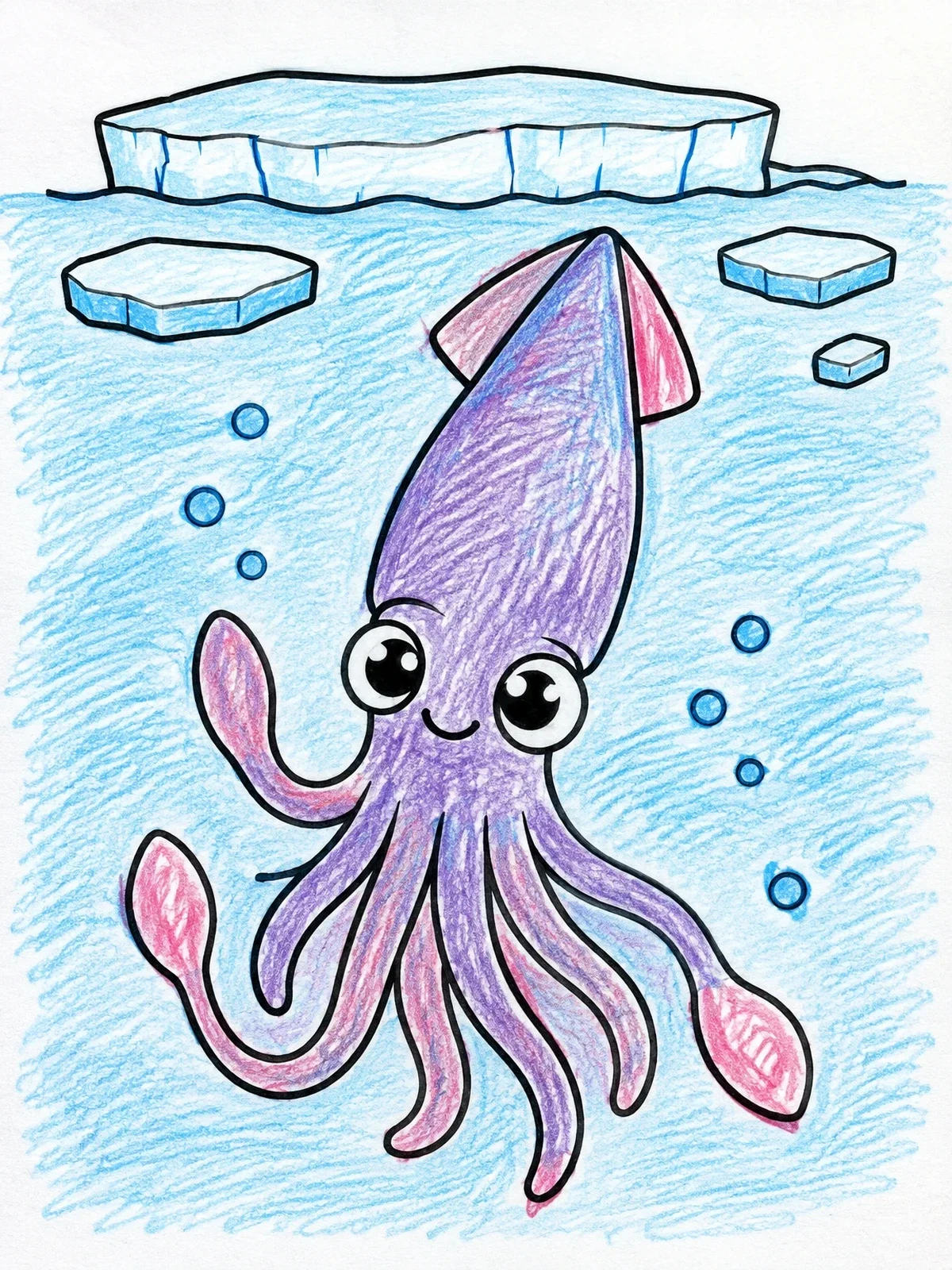 Colored example of the Cute Squid Under Ice Shelf coloring page
