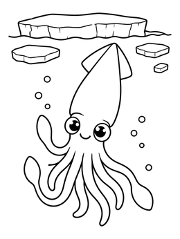 A cheerful cartoon squid coloring page swimming below floating ice blocks.