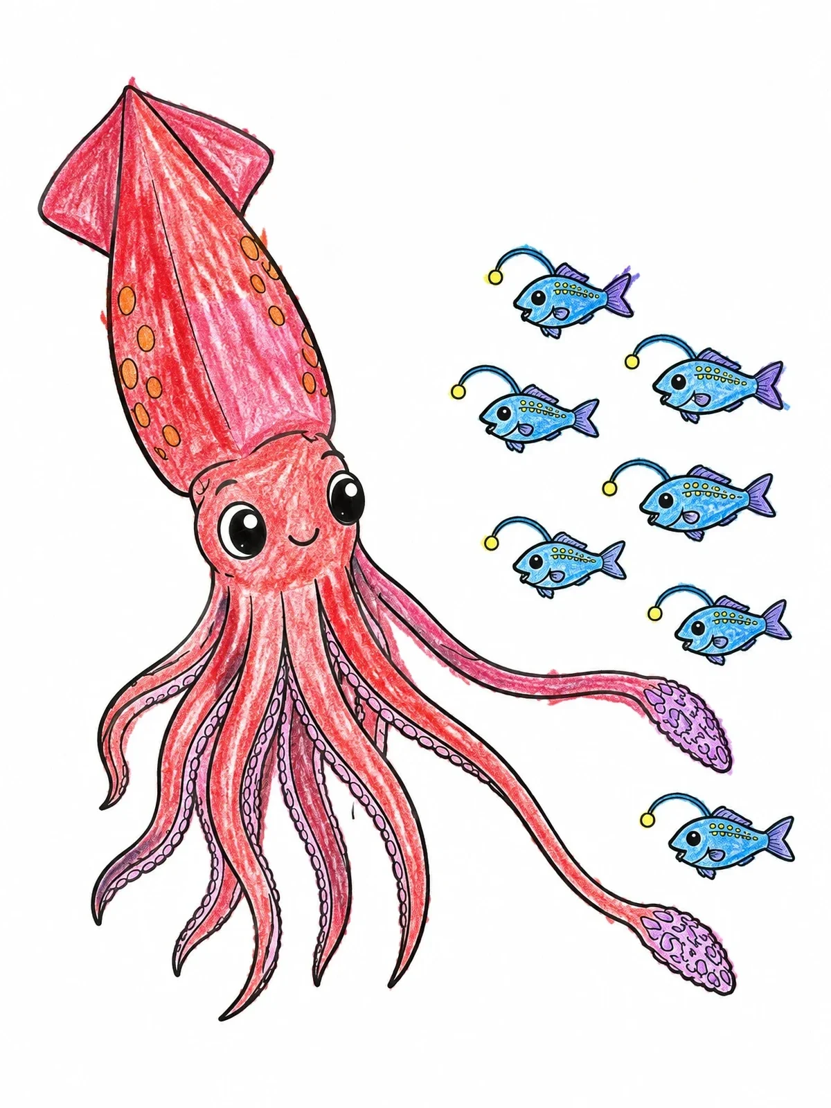 Colored example of the Cute Squid With Anglerfish School coloring page