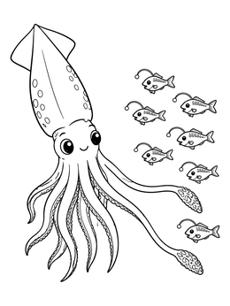 Free printable Cute Squid With Anglerfish School coloring page