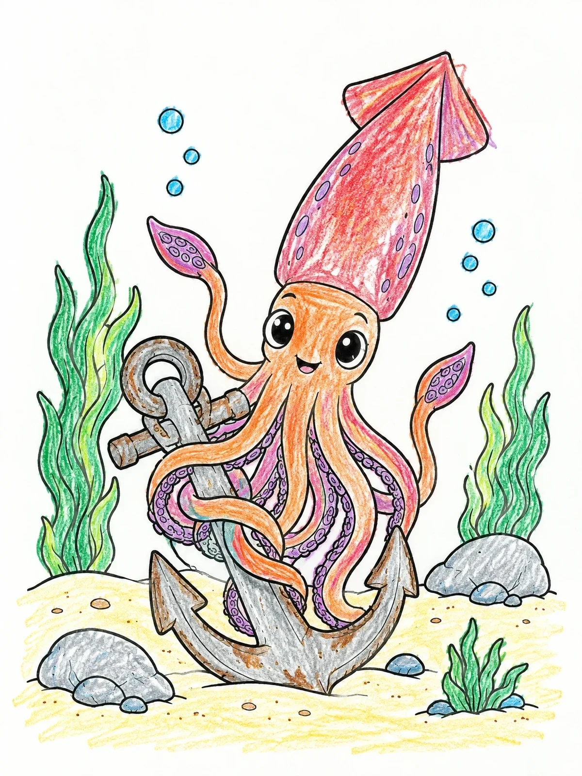 Colored example of the Cute Squid With Sea Anchor coloring page