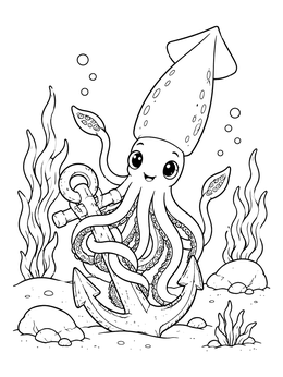 A cute squid coloring page showing the friendly sea creature wrapped around an old anchor underwater.