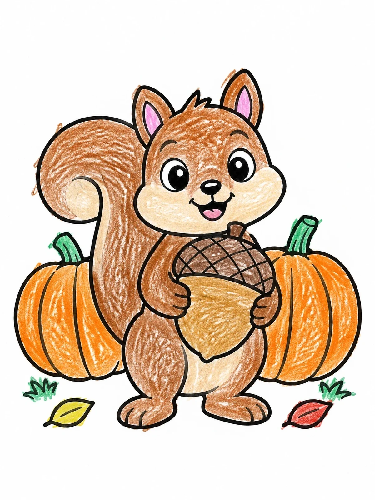 Colored example of the Cute Squirrel With Acorn And Pumpkins coloring page