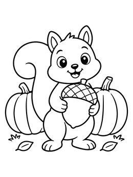 Free printable Cute Squirrel With Acorn And Pumpkins coloring page