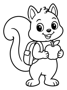 A cheerful squirrel coloring page featuring a backpack and an apple for school.