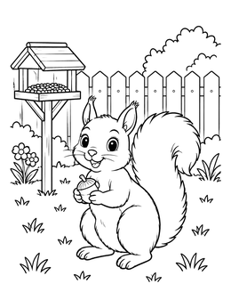 Free printable Cute Squirrel In Suburban Backyard coloring page